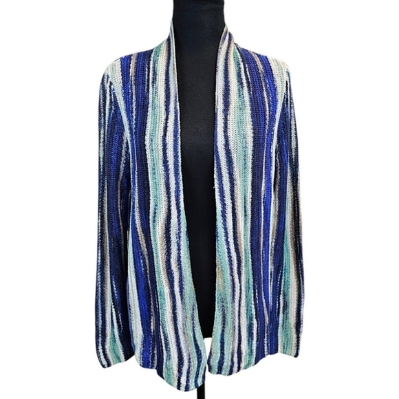 NWT Chico's Boho Linen Broken Stripe Cocoon Sweater Cardigan Medium Blue Cozy - Picture 2 of 16